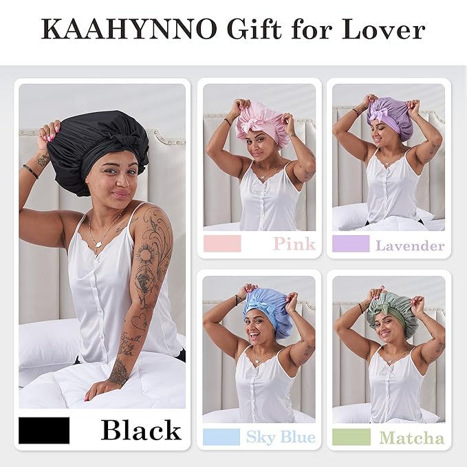 Tie Band Silk Satin Bonnet for Sleeping Hair: Women Sleep Night Wrap Cap for Straight Wavy Curly Coily Kinky Natural Hair Head - Black