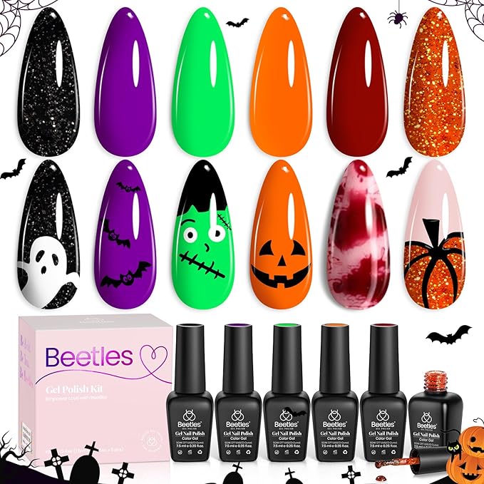 Beetles Gel Nail Polish Set - Hocus Pocus 6 Colors Gel Polish Orange Green Purple Black Red Glitter Winter Colors, Soak Off Nail Lamp UV LED Cured Nail Art Design Manicure Gift for Women