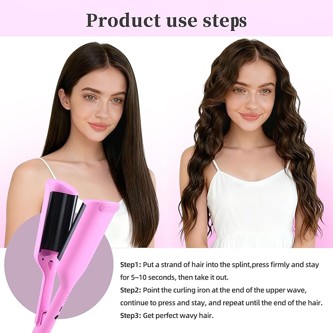 NONK Power Curling Iron Hair Crimper Waver, Ceramic Double Barrel Curling Wand, 1.25 Inch, Dual Voltage, Anti-Scald, Easy to Use, hot Tools Curling Iron for Women, bio Ionic, Pink, Gifts for Women
