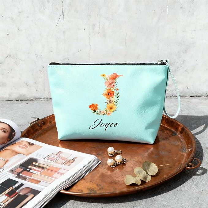 Personalized Makeup Bag Initial&Birth Flower Custom Small Travel Cosmetic Bag with Name Cute Makeup Bag for Women Girls