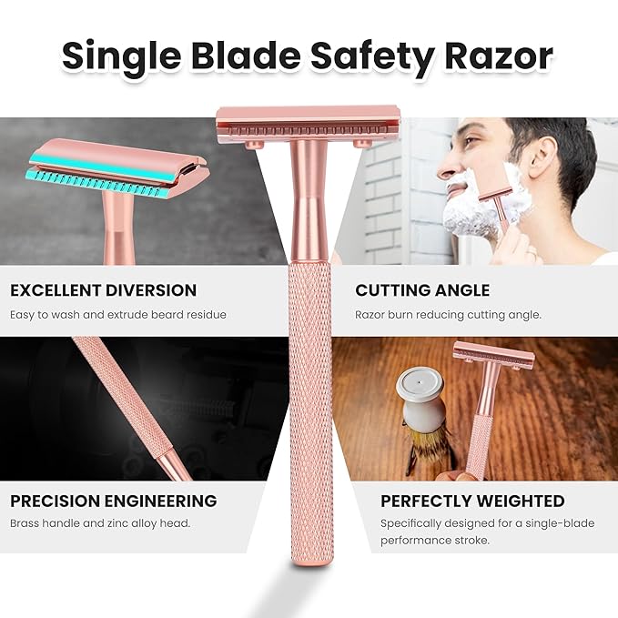 Keropy Double Edge Safety Razor For Woman With Stand and 10 Premium Stainless Steel Reusable Safety Razor, Razors For Shaving, Rose Gold