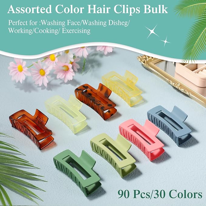 XunYee 90 Pcs Hair Clips Bulk Hair Claw Clips for Women Girls 4.1 Inch Large Rectangle Non-slip Square Strong Hold Jaw