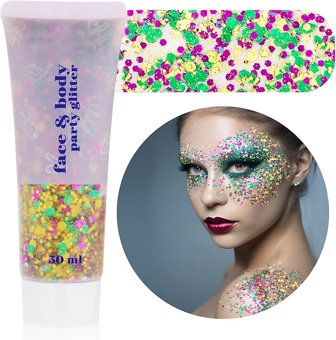 Mardi Gras Face Glitter,Festival Rave St Patricks Day Accessories Body Glitter for Face Body Hair,Gold Green Purple Mixed Chunky Glitter Gel,Holographic Sequins Body Glitter for Carnival/Halloween