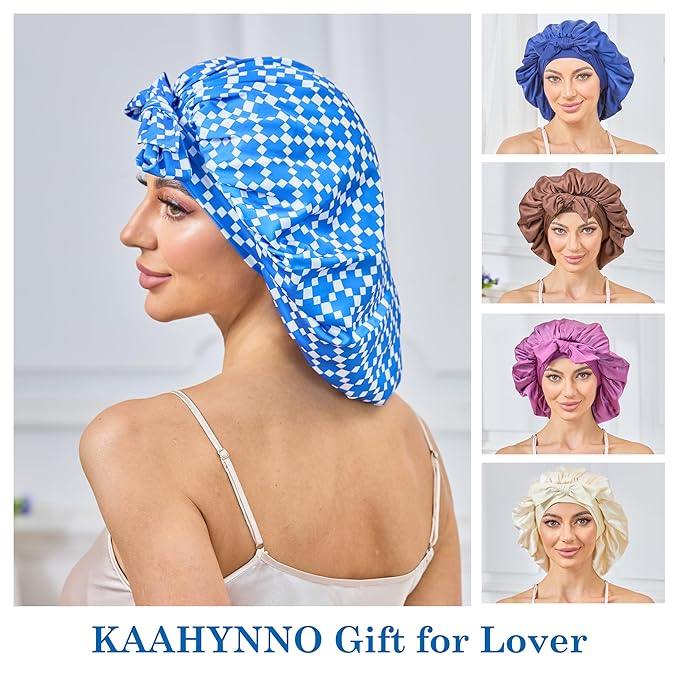 Silk Satin Bonnet for Sleeping Hair: Women Sleep Night Wrap Cap for Straight Wavy Curly Coily Kinky Natural Hair Head by Tie Band - Blue & White Checkered + Pink