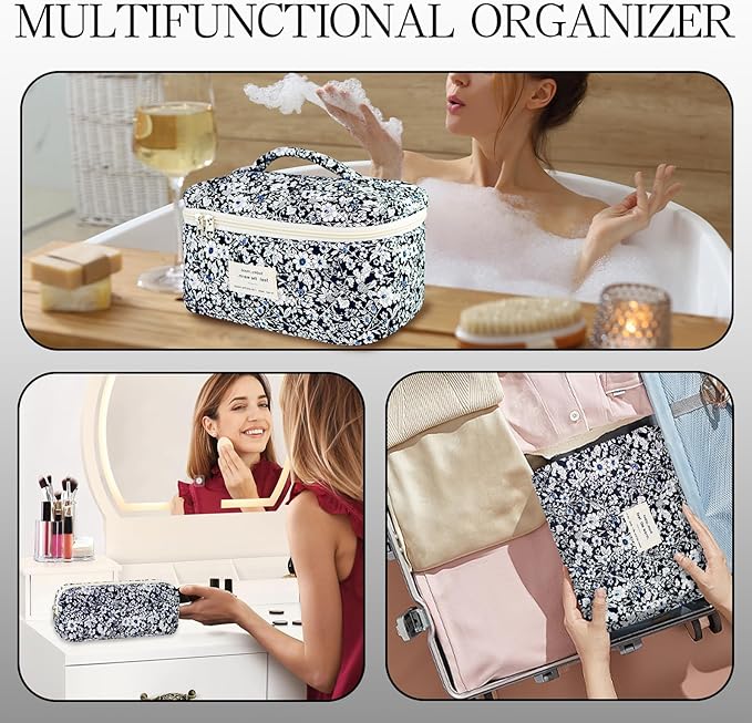 Makeup Bag, 3 PCS Quilted Makeup Bag, Cute Floral Cotton Cosmetic Bag set, Coquette Makeup Pouch Large Travel Toiletry Bag