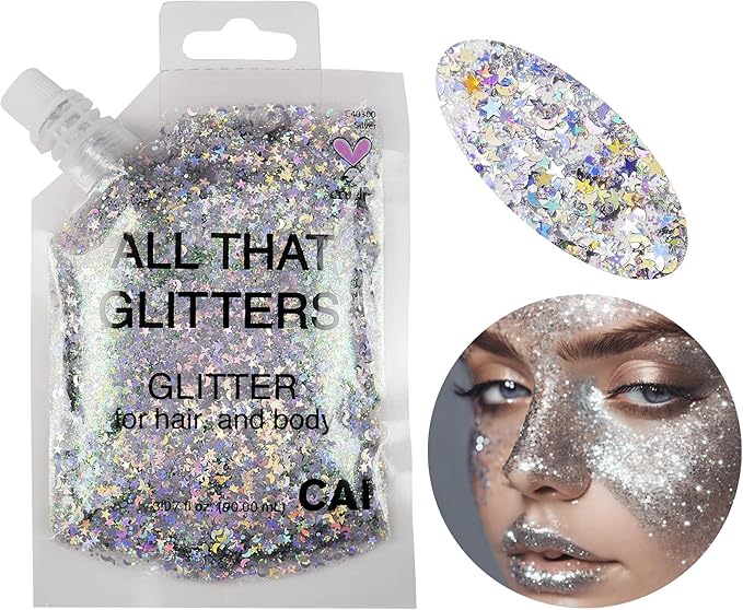 Face, Body & Hair Glitter Gel – Halloween Glitter for Kids and Women – 3 Oz Cosmetic-Grade Gel w/Moon & Stars for Festivals & Halloween Party, Easy Apply & Wash Off - Silver/Gold 2Pack