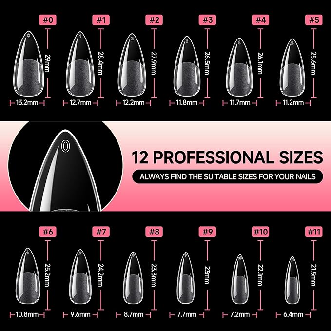 UNA GELLA Stiletto Gel Nails Press On 504Pcs Medium Almond Stiletto Clear Gel Nail Tips Full Cover Pre-matte Fake False Acrylic Nails for Nail Extensions Home Art Salon 12 Sizes