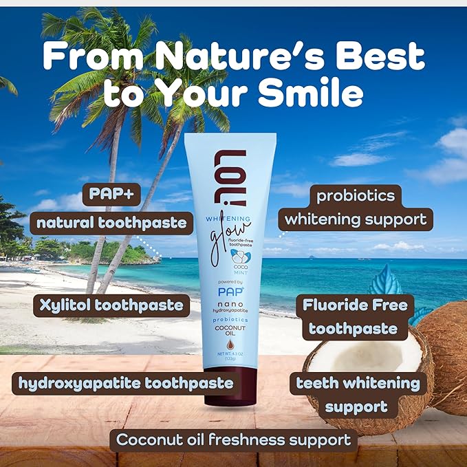 LOL Whitening Glow Coco-Mint Toothpaste Whitening with Pap+ Technology, Nano Hydroxyapatite Toothpaste, Coconut Oil, Probiotics & Xylitol, Fluoride Free, 4.3 oz