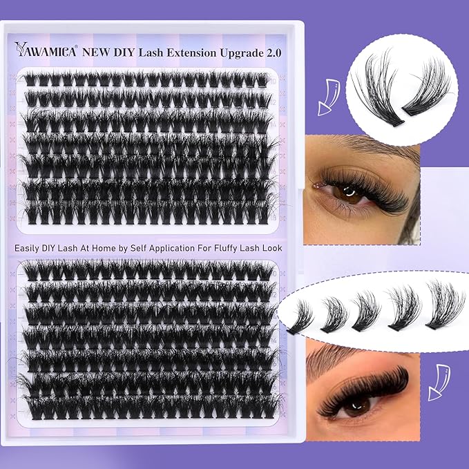 Yawamica Lash Clusters Fluffier Wispy Individual Lashes 70D+80D Volume Cluster Eyelash Extensions 10-18MIX D Curly Eyelash Clusters 280pcs DIY Lash Extension