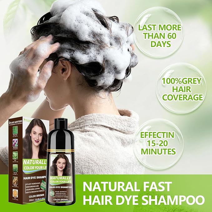 Vireo Color Brown Hair Dye Shampoo for Women & Men, 15 Min Gray Coverage, 3 in 1 Semi-Permanent Color with Natural Herbal Ingredients, Lasts 60 Days
