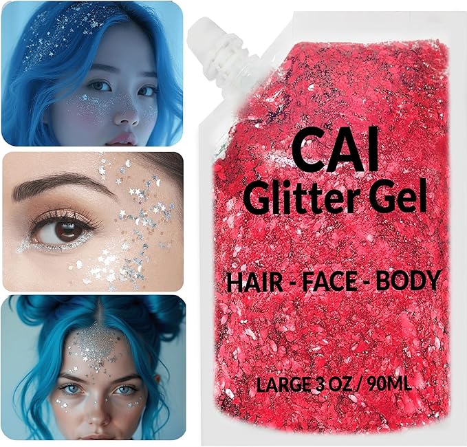 Face, Body & Hair Glitter Gel – Halloween Glitter for Kids and Women – 3 Oz Cosmetic-Grade Gel w/Moon & Stars for Festivals & Halloween Party, Easy Apply & Wash Off - Red 2Pack