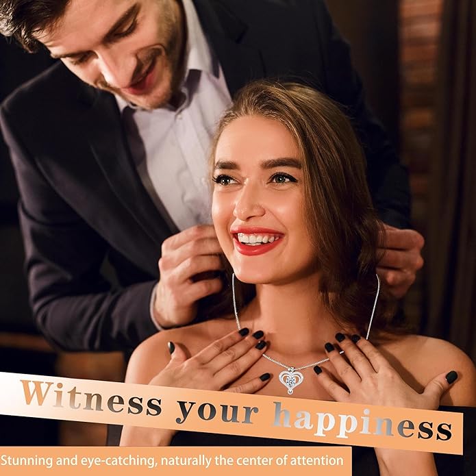 Yuelove Infinity Necklace for Women, 925 Sterling Silver Heart Necklace with 5A Zircon, White Gold Plated Adjustable Chain, Gift for Valentine's Day, Birthday, Anniversary for Wife, Girlfriend, Mom