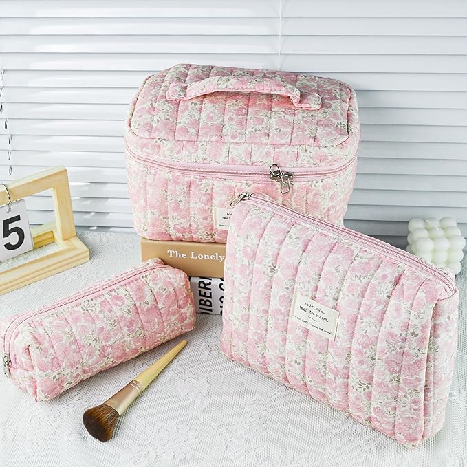 3Pcs Quilted Makeup Bag for Women, Large Travel Makeup Bag Set, Cute Aesthetic Cosmetic Bags, Floral Cotton Makeup Pouch Coquette Toiletry Organizer Bag