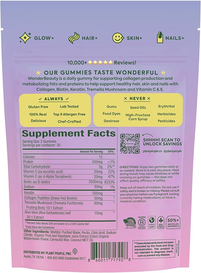Plant People WonderBeauty Hair, Skin & Nails Rejuvenation Gummies with Tremella Mushroom, Marine Collagen Peptides, Keratin, & Biotin – Watermelon Flavor, 60 Gummies