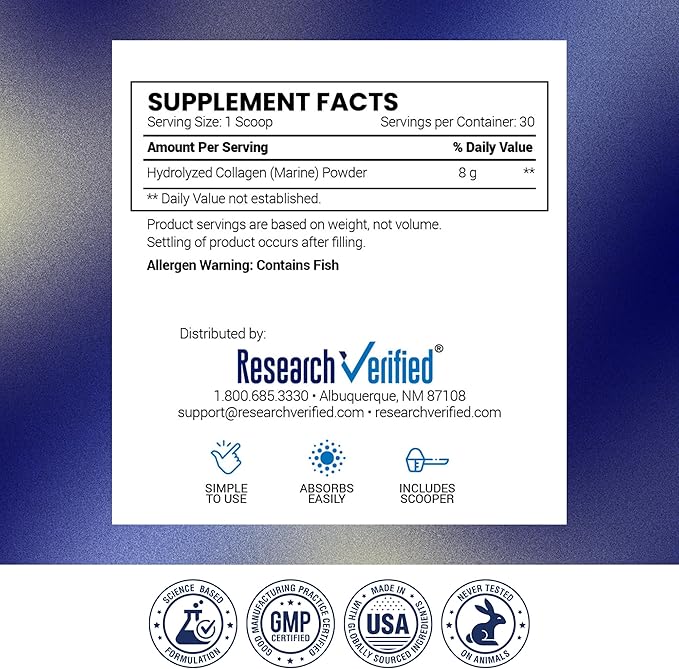 Research Verified® Collagen Powder - Hydrolyzed Marine Collagen Peptides - Unflavored - Skin Hydration and Elasticity, Muscle Recovery, Non GMO - 30 Scoops Per Container - 6 Month Supply