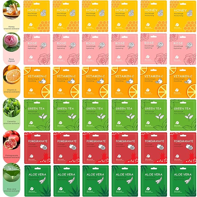 Meleell 36 Pack Face Masks Skincare Bulk Pack,Hydrating Face Masks Beauty For Sensitive Skin,Sheet Masks For Faces,Facial Masks Sets For Women Skin Care (36-Packs)