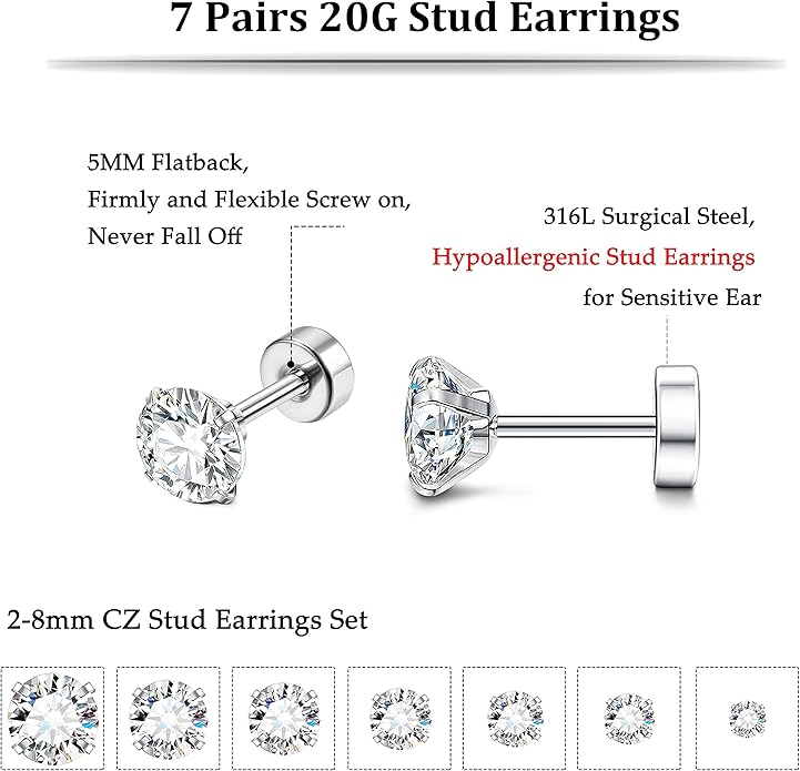 Fansilver 20G Hypoallergenic Flat Back Earrings for Women Men Silver 14K Gold Stainless Steel Stud Earrings Brithstone Cubic Zirconia Studs Surgical Steel Cartilage Earrings for Sensitive Ears