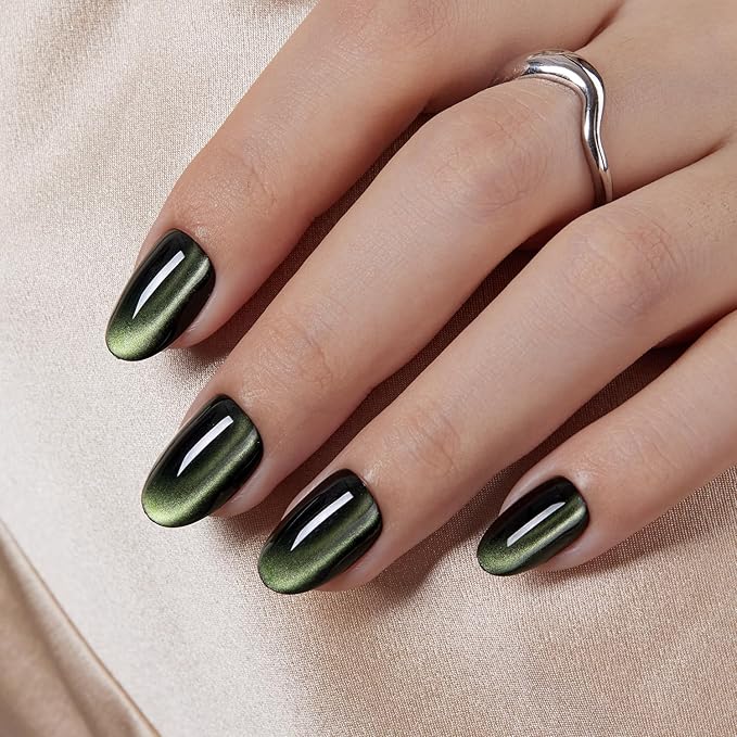 VSALON Press on Nails Short Oval - Dark Green Cat Eye Holographic Glitter Fake Nails Valentines Gifts for Woman, Reusable Opaque Gel Glue on Nails with Glue & Cuticle Oil - 32 PCS Stick on Nails in 16