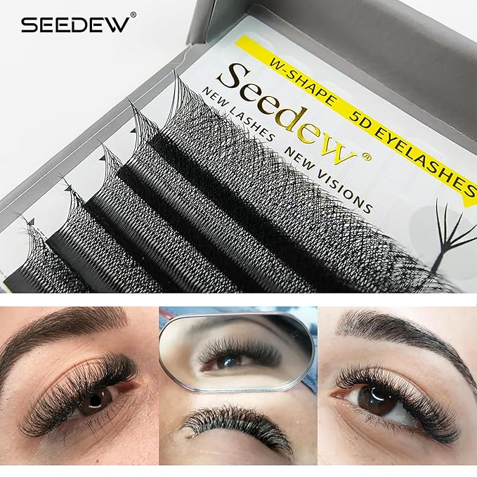 SEEDEW 5D Lash Extensions, 0.07mm C Curl 9mm 12 Rows/Tray, W Shape Flat Stem, Korean PBT Volume False Eyelashes Grafting for Beginner Artist, Lash Tech, Beauty Salon(5D-Matte Black-0.07-C-9mm)