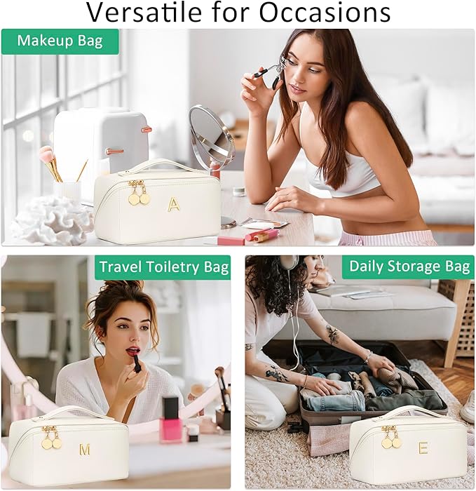 Gifts for Women Bridesmaid Gifts Personalized Initial Makeup Bag PU Leather Cosmetic Waterproof Travel Toiletry Bag (Medium)
