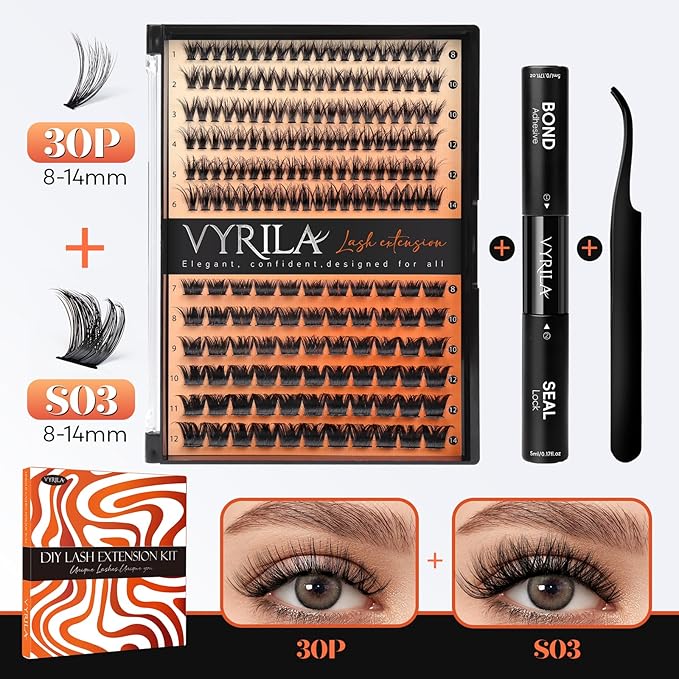 Lash Clusters Kit-VYRILA 0.07mm Wispy 8-14mix C Curl Eyelash Clusters with Lash Bond and Seal Waterproof, Eyelash Tweezers (30P+S03 KIT 186pcs-8-14mix)