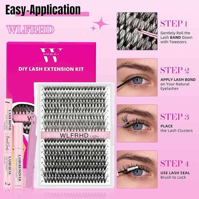 WLFRHD Lash Clusters Kit 320 Pcs D Curl DIY Natural Wispy Lashes Eyelashes Clusters Eyelash Extension Kit with Eyelash Bond and Seal, Remover & Tweezers (30D+40D, Mix9-16mm Kit)