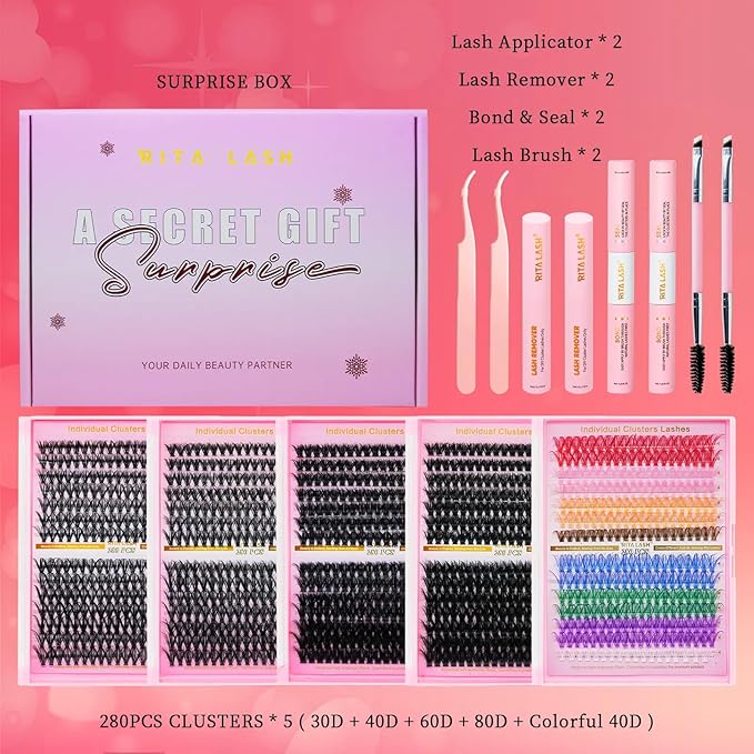 Lash Clusters Kit Eyelash Clusters Kit 4 Boxes + 1 Colorful Cluster Eyelash Extensions Pestañas Postizas Naturales with Lash Bond and Seal*2,Remover*2,Tweezers*2,Mascara Brush*2(13 Counts Lash Kit)