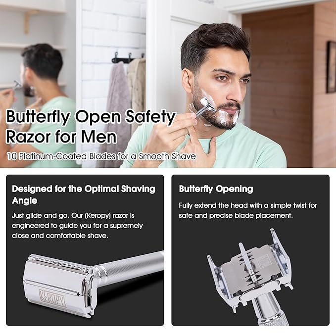KEROPY Men's Safety Razor Double Edge with 10 Blades – Reusable Metal Shaver for a Close, Smooth & Irritation-Free Wet Shave, Eco-Friendly Grooming Kit for Men