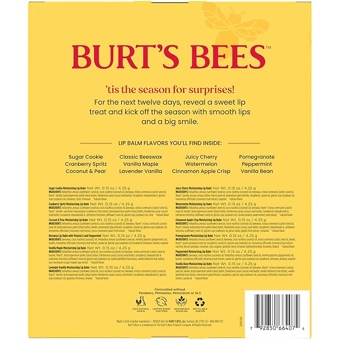 Burt’s Bees 12 Days of Joy Advent Calendar; 12 Surprise Lip Balms Including Juicy Cherry, an Amazon Exclusive; 24 Hour Moisture, 100% Natural Origin, Responsibly Sourced Beeswax, 12 Tubes, 0.15 Oz.