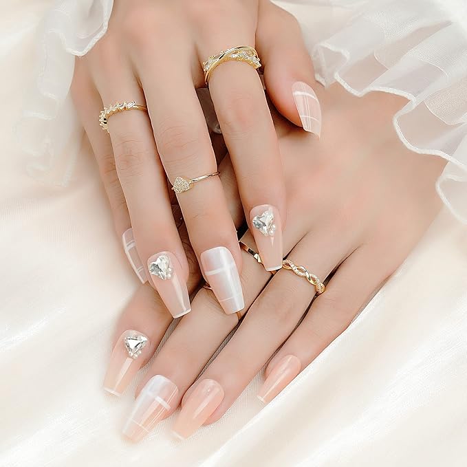 Press on Nails with Heart Big Rhinestones, Luxury Nude French Coffin Stick on Nails with Clear Crystal Pearl Coffin Nails