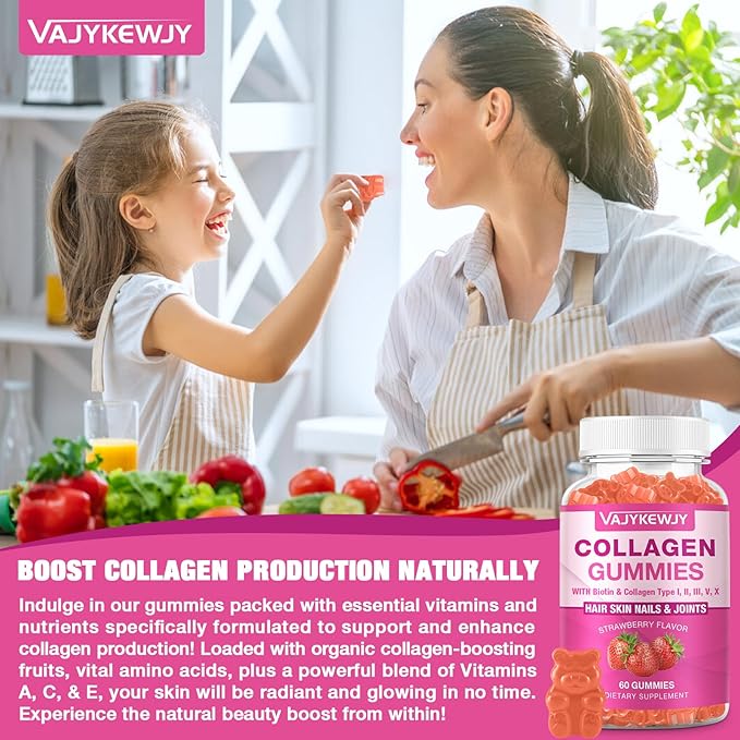 VAJYKEWJY Vegan Collagen Gummies for Women & Men - with Biotin, Vitamin C, & Zinc for Skin Radiance, Hair Growth, Strong Nails, & Joint Support, 60 Count