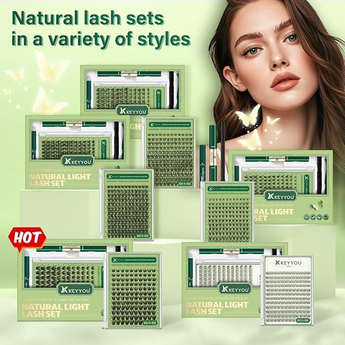KEYYOU Natural Lash Clusters Kit 144Pcs DIY Lash Extension Kit Wispy Eyelash Extensions Kit D Curl 10-12MIX with Bond and Seal and tweezers with Thin Lash Band(KIT-N05-D-10-12MIX)