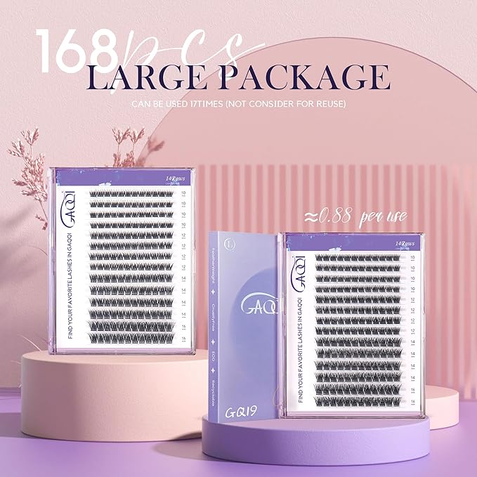 GAQQI Lash Clusters, GQ03 False Eyelashes DIY Lash Extensions D Curl 168PCS Cluster Lashes 10MM, Wispy and Natural Lash Wisps (GQ03,10mm,D Curl)