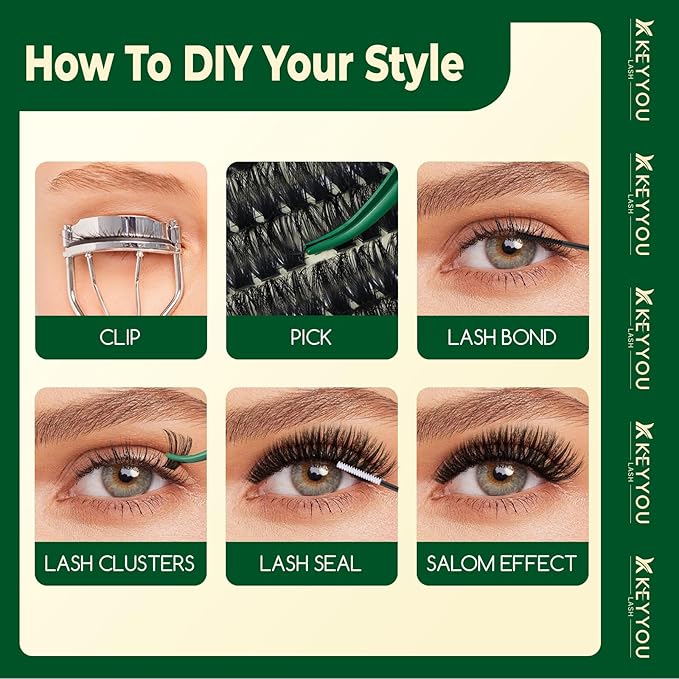 KEYYOU DIY Lash Extension Kit - 280pcs Soft Clusters - 100D Curl - Easy to Apply with Bond, Seal & Remover - At Home
