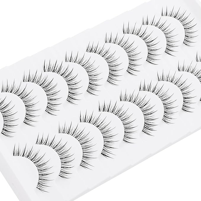 outopen 10 Pairs Manga Lashes Natural Look Clear Band Lashes Japanese Anime Eyelashes Asian Style False Eyelashes Wispy Thin Band False Lashes Korean Makeup Fake Eyelashes Fairy Lash Clusters