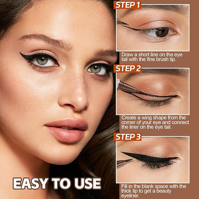 Boobeen 2pcs Liquid Eyeliner,Dual-Ended Eye Liner with Thick Tip and Precise Brush Tip,Waterproof Black Liquid Liner Pen,Matte Finish,All Day Wear,Smudge-proof,Brown