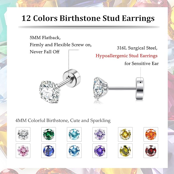 Fansilver 20G Hypoallergenic Flat Back Earrings for Women Men Silver 14K Gold Stainless Steel Stud Earrings Brithstone Cubic Zirconia Studs Surgical Steel Cartilage Earrings for Sensitive Ears