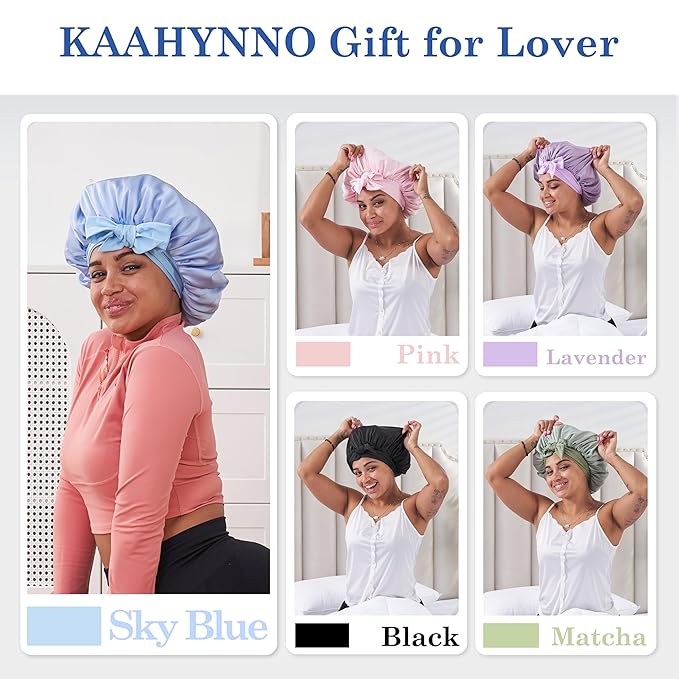 Tie Band Silk Satin Bonnet for Sleeping Hair: Women Sleep Night Wrap Cap for Straight Wavy Curly Coily Kinky Natural Hair Head - Sky Blue Aqua