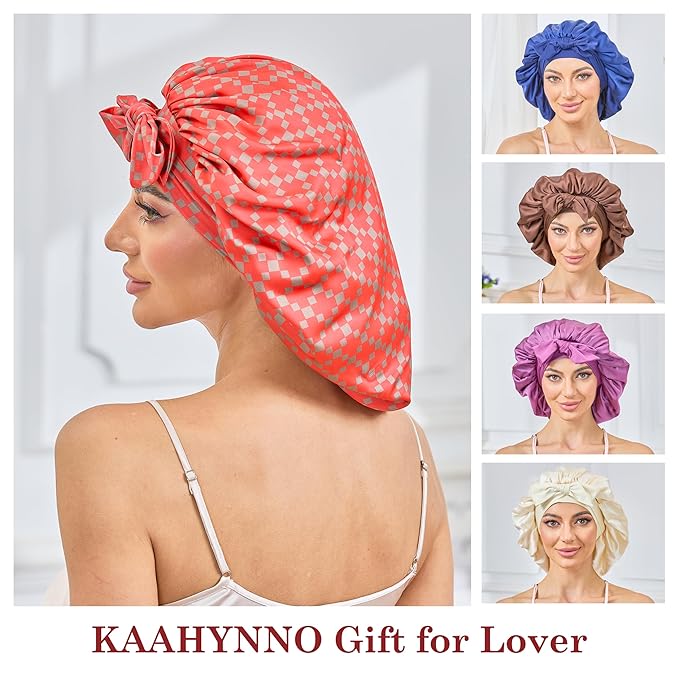 Silk Satin Bonnet for Sleeping Hair: Women Sleep Night Wrap Cap for Straight Wavy Curly Coily Kinky Natural Hair Head by Tie Band - Red & Dark Gold Checkered + Pink