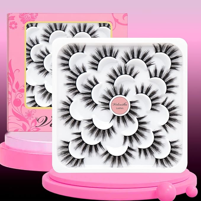 Veleasha Lashes 10 Pairs Natural Fluffy False Eyelashes Soft Wispy Lashes 3D Faux Mink Lashes Pack (V07)