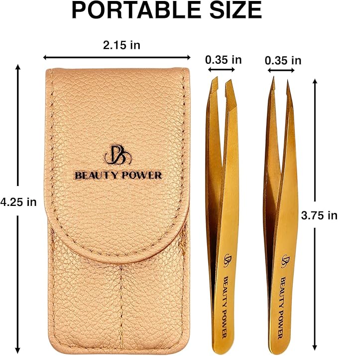Beauty Power Professional Tweezers Set – Slant & Point, Ultra Precision German Stainless Steel Tweezers for Eyebrows, Chin, Ingrown Hair & Facial Grooming – Lightweight with Travel Case (Matte Gold)