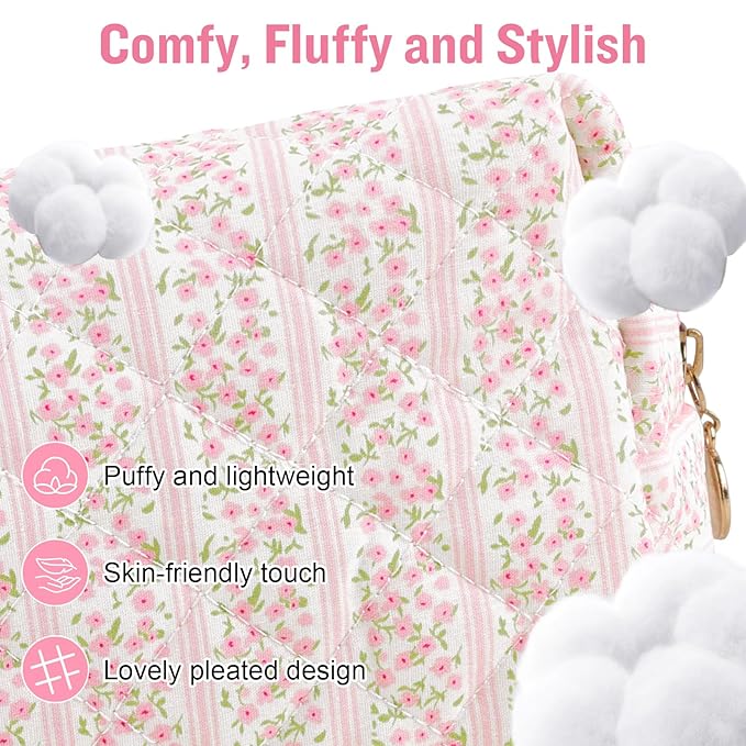 Personalized Quilted Cosmetic Bag, Puffy Monogrammed Christmas Birthday Gifts for Women & Girls, Cute initial Floral Makeup Bag Puffer Coquette Bag, Aesthetic Travel Toiletry Zipper Pouch(Pink,R)