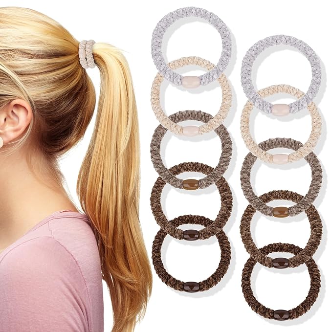 Braided Hair Ties No Damage, 10 Pcs Soft Plush Hair Bands for Women's Hair, Bracelet Hair Elastics & Ponytail Holders for Thick Hair - Brown