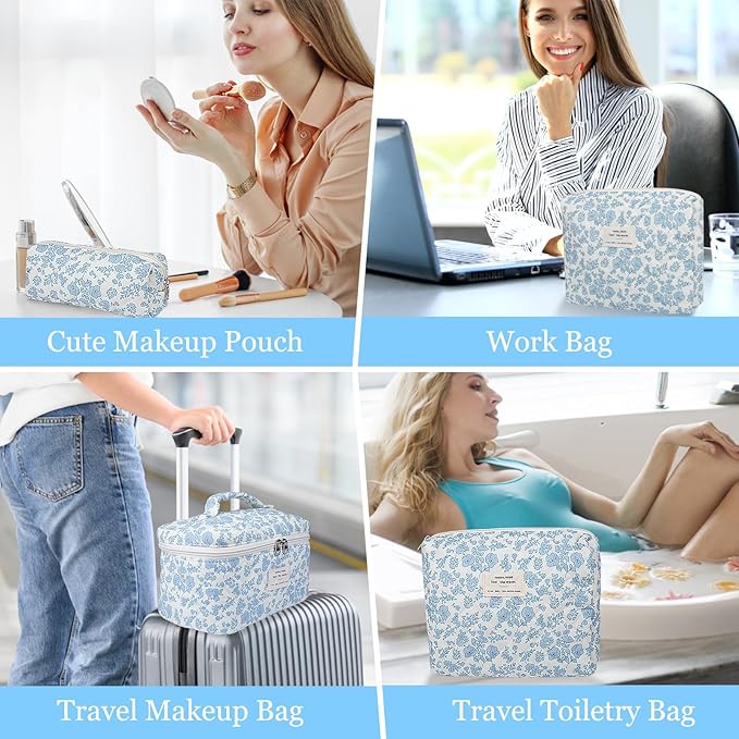 3pc Makeup Bag Set, Quilted Makeup Bag Set, Large Floral Cosmetic Bag for Women, Cute Cotton Makeup Bags, Flower Travel Toiletry Organizer Bag (Heart Shape)