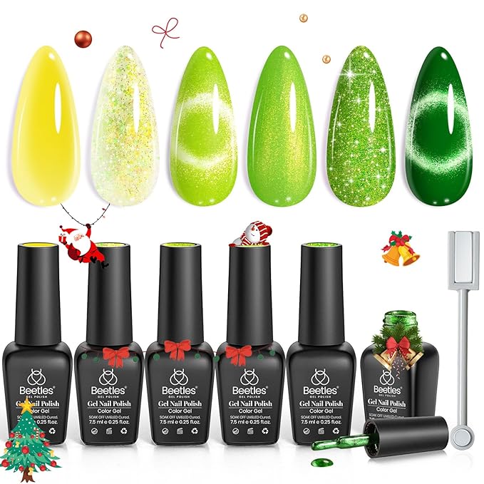 Beetles Green Gel Nail Polish Set, Winter Gel Polish Nail Kit 6 Colors Yellow Glitter Cat Eye Jelly with Cat Eye Magnet UV LED Needed Gifts for Women DIY Manicure Art Summer Beats