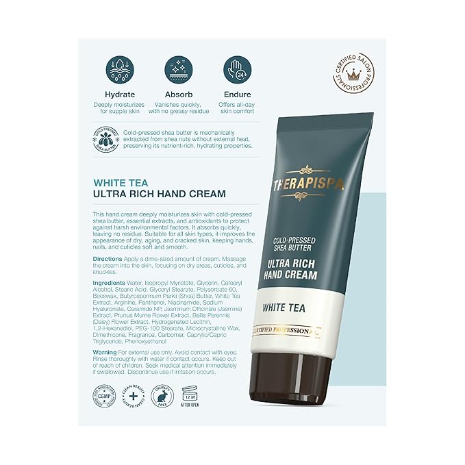 THERAPISPA Ultra Rich Hand Cream – Intensive Hydration & Repair for Dry, Chapped Hands | Enriched with Shea Butter, Ceramides, Niacinamide (B3) & Panthenol (B5) (White Tea, 2.0 oz, Pack of 1)
