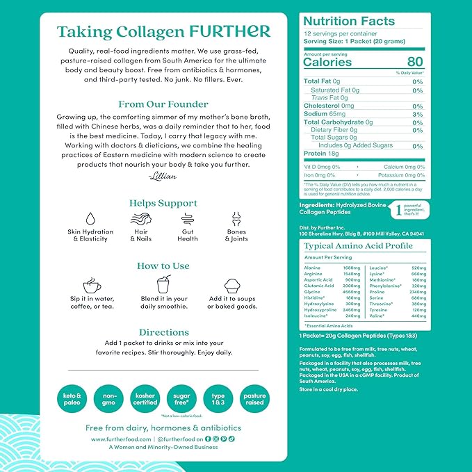 Further Food Unflavored Collagen Peptides Powder Stick Packs - 100% Grass-Fed, Hydrolyzed Type 1 & 3, 20g of Collagen per Serving, Supports Skin, Hair, Nails & Joints, 8.47 Oz