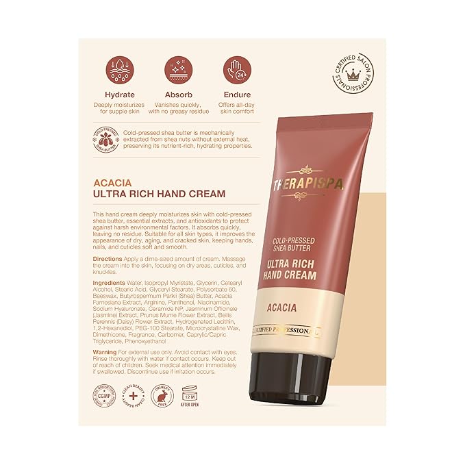 THERAPISPA Ultra Rich Hand Cream – Intensive Hydration & Repair for Dry, Chapped Hands | Enriched with Shea Butter, Ceramides, Niacinamide (B3) & Panthenol (B5) (Acacia, 2.0 oz, Pack of 5)