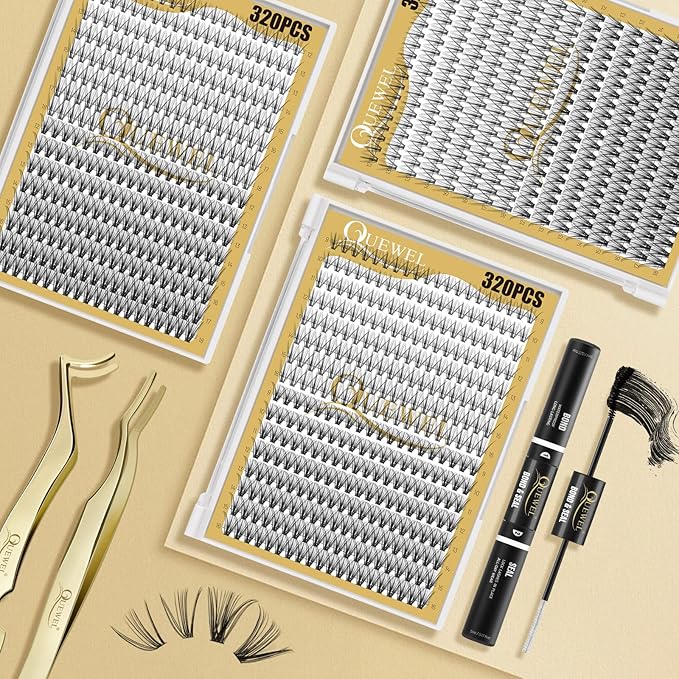 QUEWEL Lash Clusters 320Pcs Cluster Lashes 20D+30D C Curl Lash Cluster Eyelash Extensions Mix12-18mm Individual Eyelashes Clusters Wispy Lash Clusters Thin Band Soft to Use at Home(20D+30D C Mix12-18)