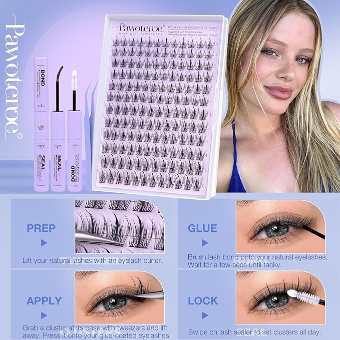 Pawotence Natural Lash Clusters Kit Eyelash Clusters 10-16mm Fairy Cluster Lashes Extension Kit Individual Lashes Cluster Wispy with Lashes Cluster Glue, Tweezers for Cluster Eyelash Extensions Kit